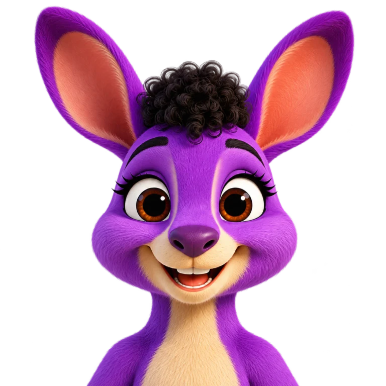 Kara, a cheerful purple kangaroo with big ears