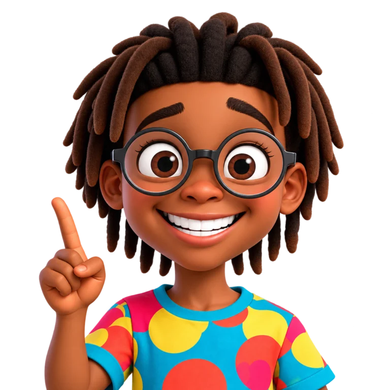 Malik, a smiling boy with glasses and locs, raising one finger