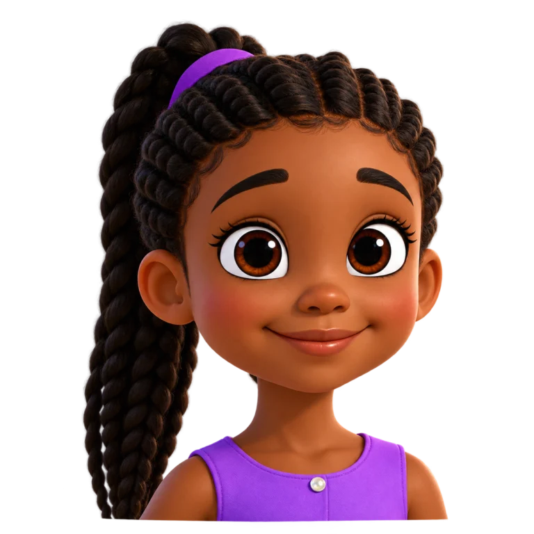 Nyla, a smiling girl with long braids and a purple top