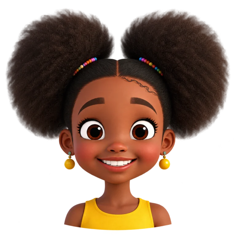 Zara, a smiling girl with curly afro puffs and gold earrings