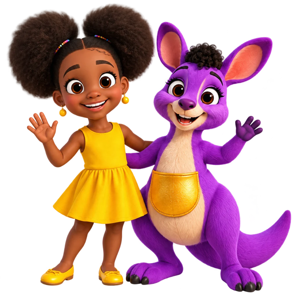 Zara, a smiling girl in a yellow dress, waving beside her best friend Kara, a purple kangaroo with a golden pouch